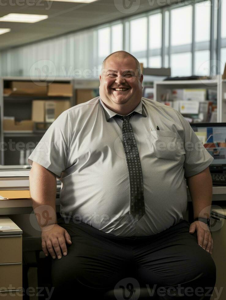 a fat man sitting in an office generative ai photo