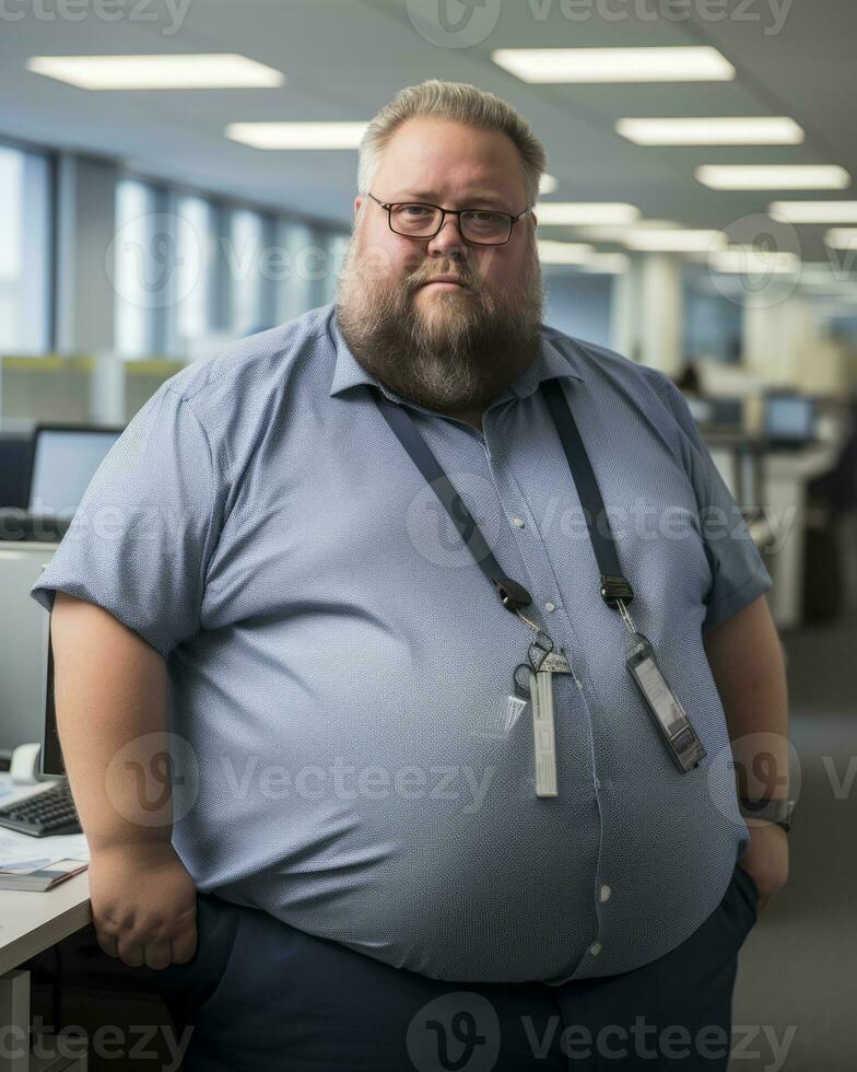 a fat man standing in an office with his hands on his hips generative ai photo