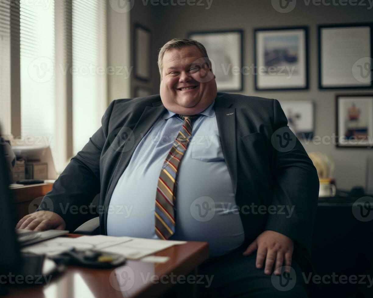 a fat man wearing a suit and tie sitting at a desk generative ai photo