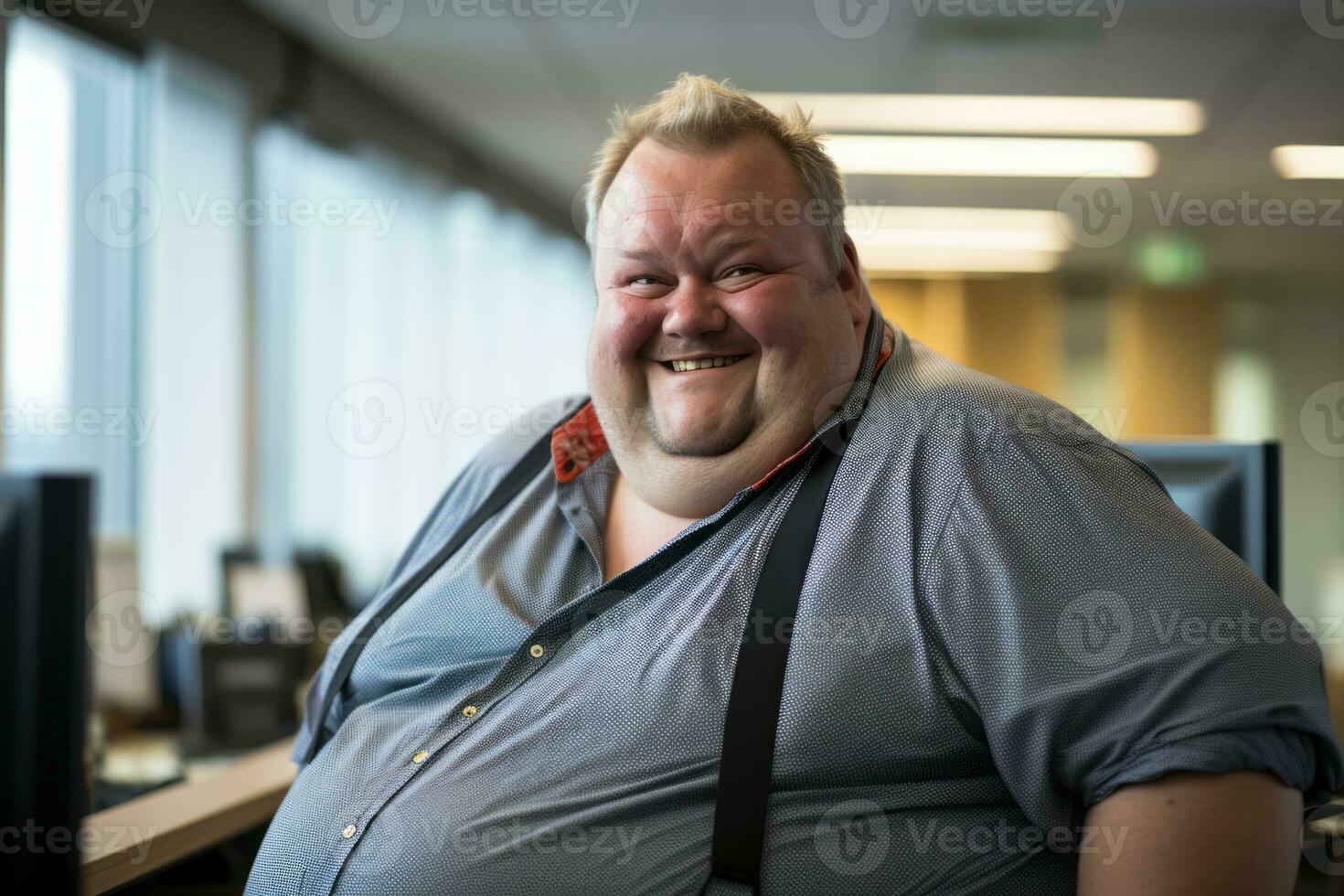 a fat man with suspenders sitting in an office generative ai 32098014
