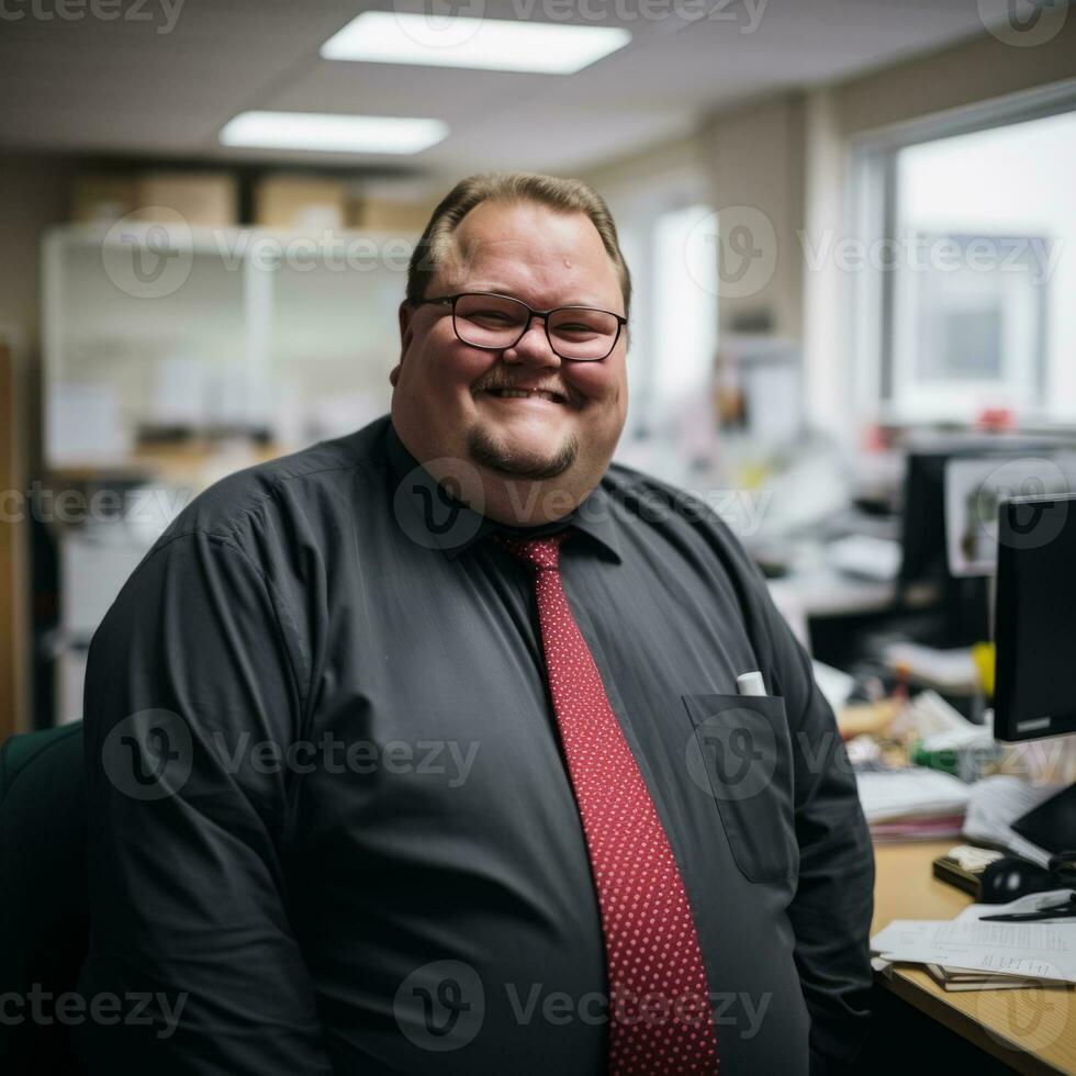 a man in a black shirt and red tie standing in front of a desk generative ai photo