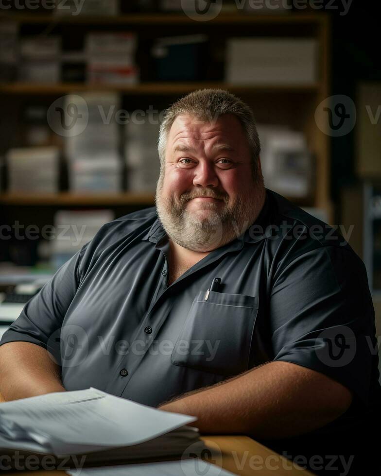 a man in a black shirt sitting at a desk generative ai photo