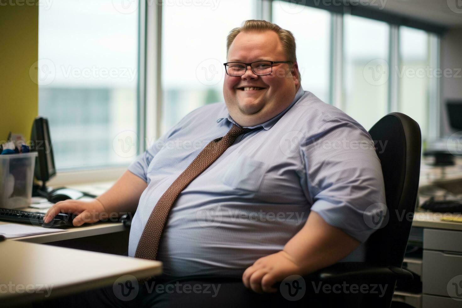 a man in a blue shirt and tie sitting at a desk generative ai photo