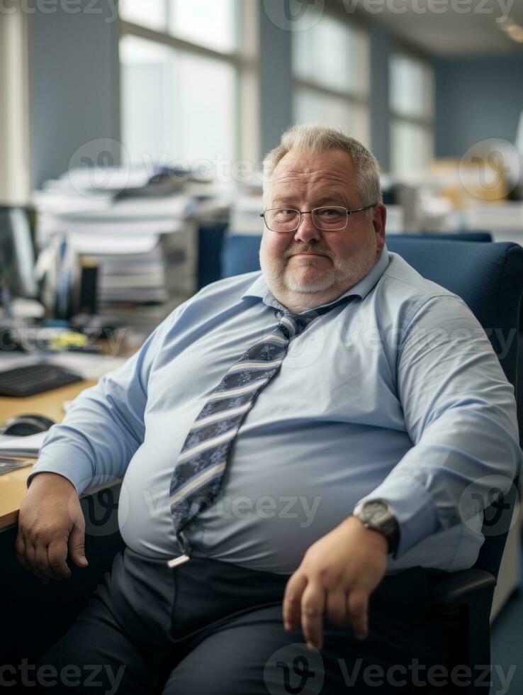 a man in a blue shirt and tie sitting in an office generative ai photo