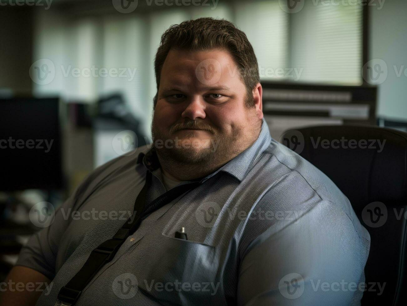 a man in a blue shirt and tie sitting in front of a computer generative ai photo