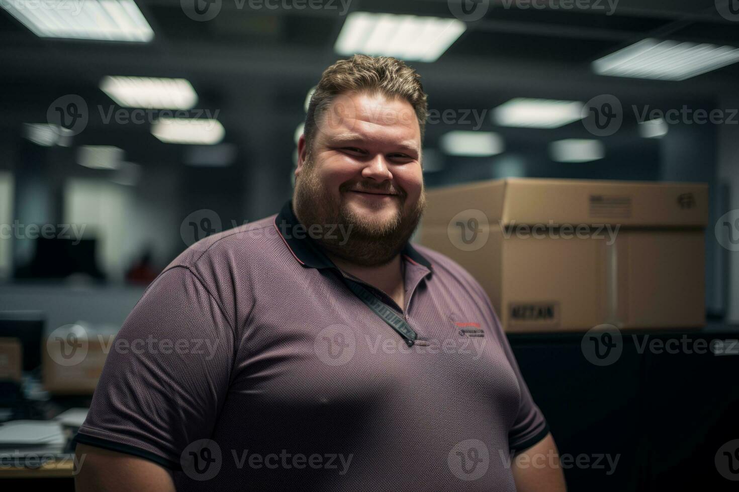 a man in a purple shirt standing in front of a computer generative ai photo
