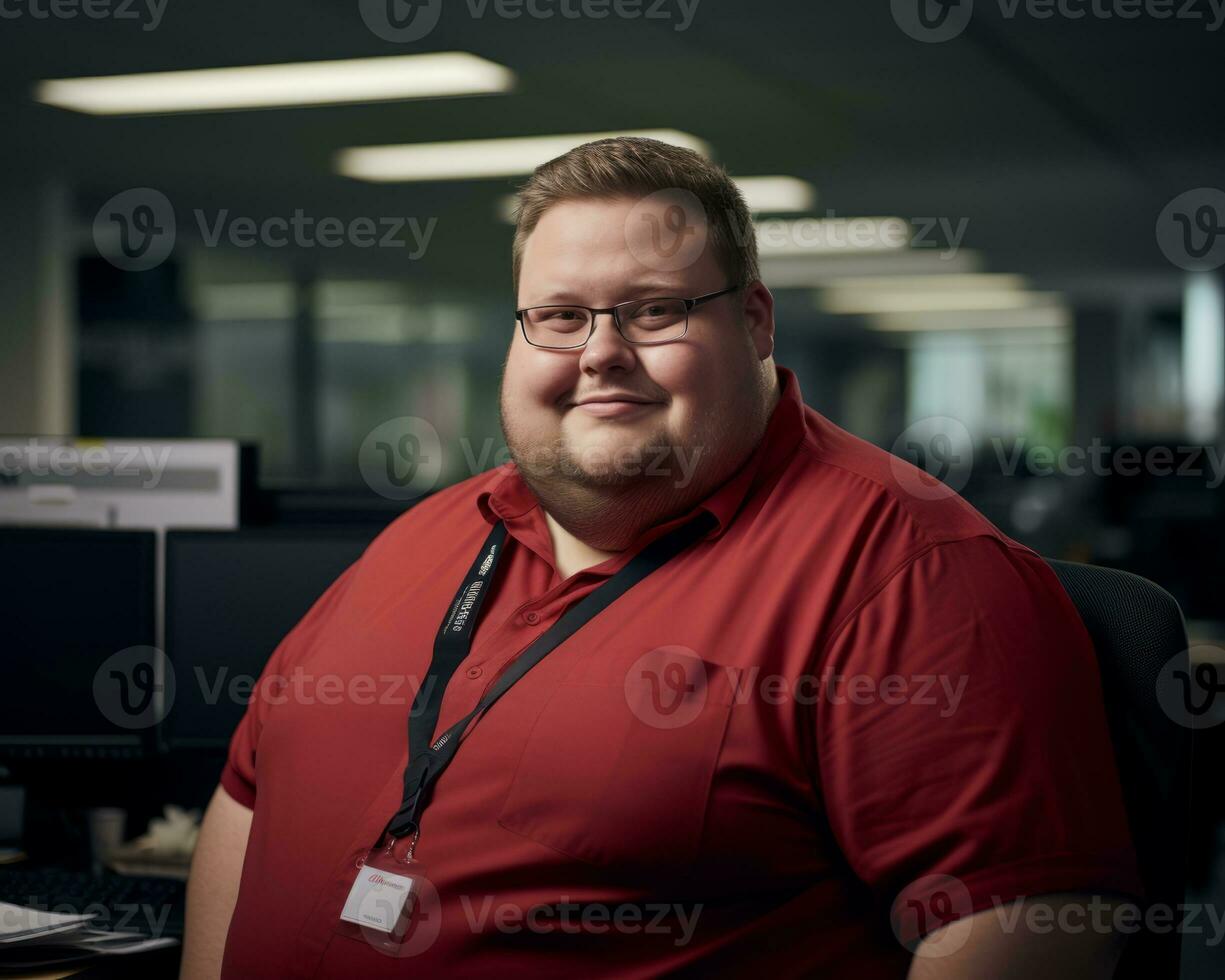 a man in a red shirt sitting at a desk generative ai photo