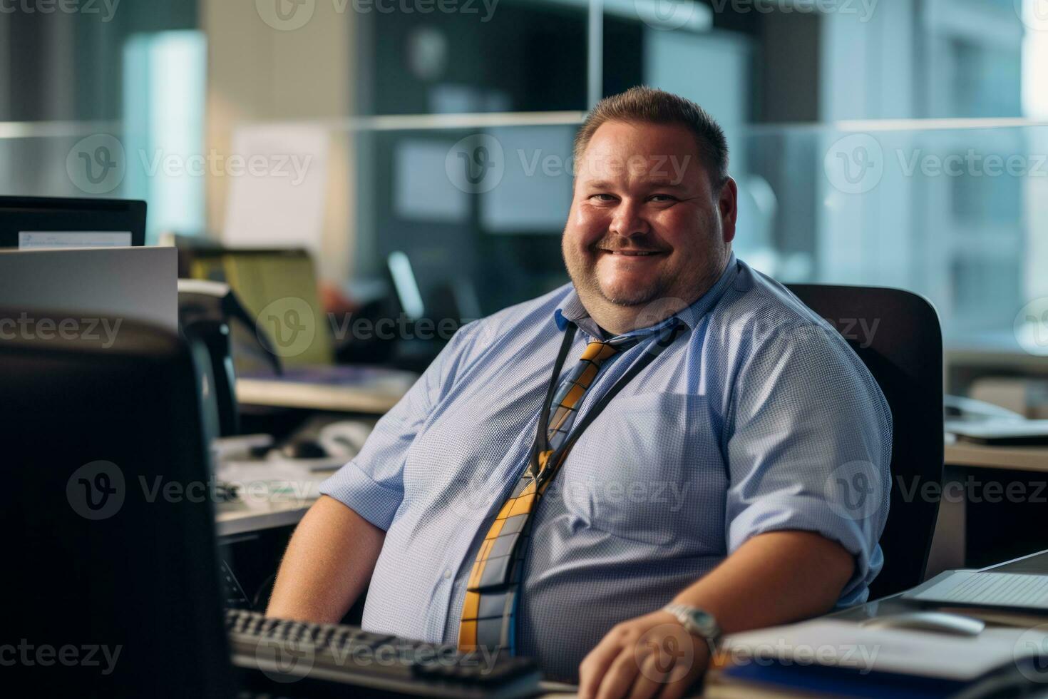 a man in a shirt and tie sitting at a desk in front of a computer generative ai photo