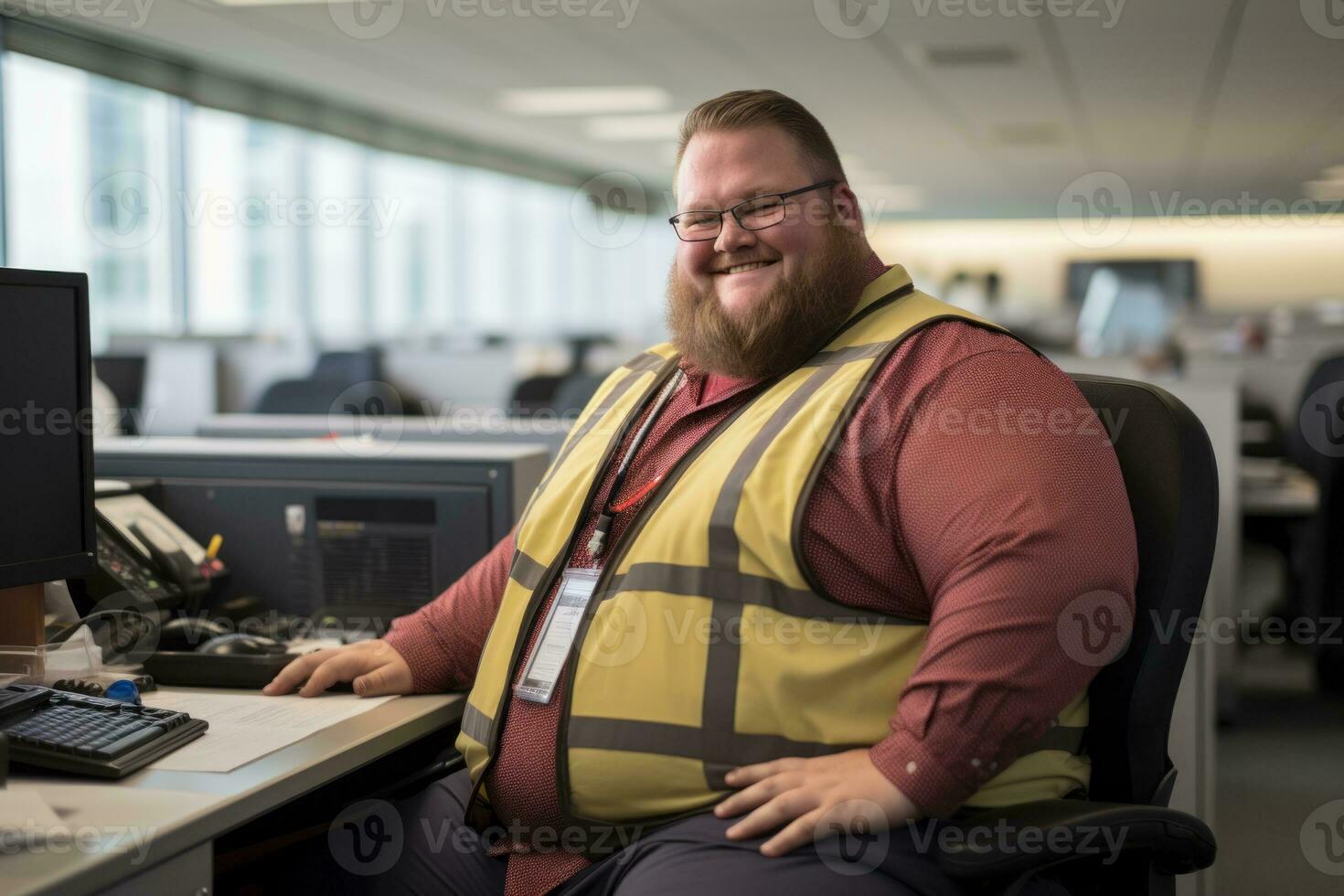 a man in a safety vest sitting at a desk in an office generative ai photo