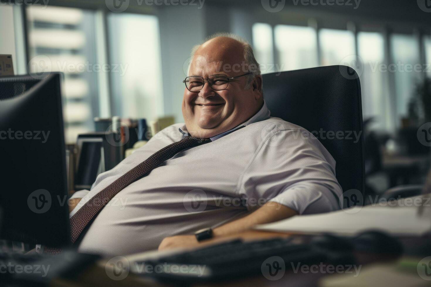 a man in a shirt and tie sitting in front of a computer generative ai photo