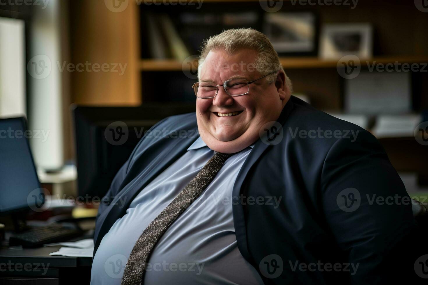 a man in a suit and tie sitting in front of a computer generative ai photo