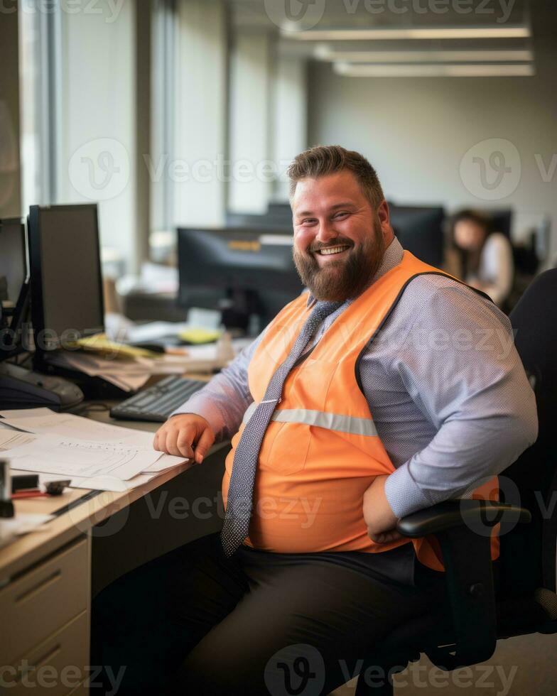 un hombre en un naranja chaleco sentado a un escritorio generativo ai foto