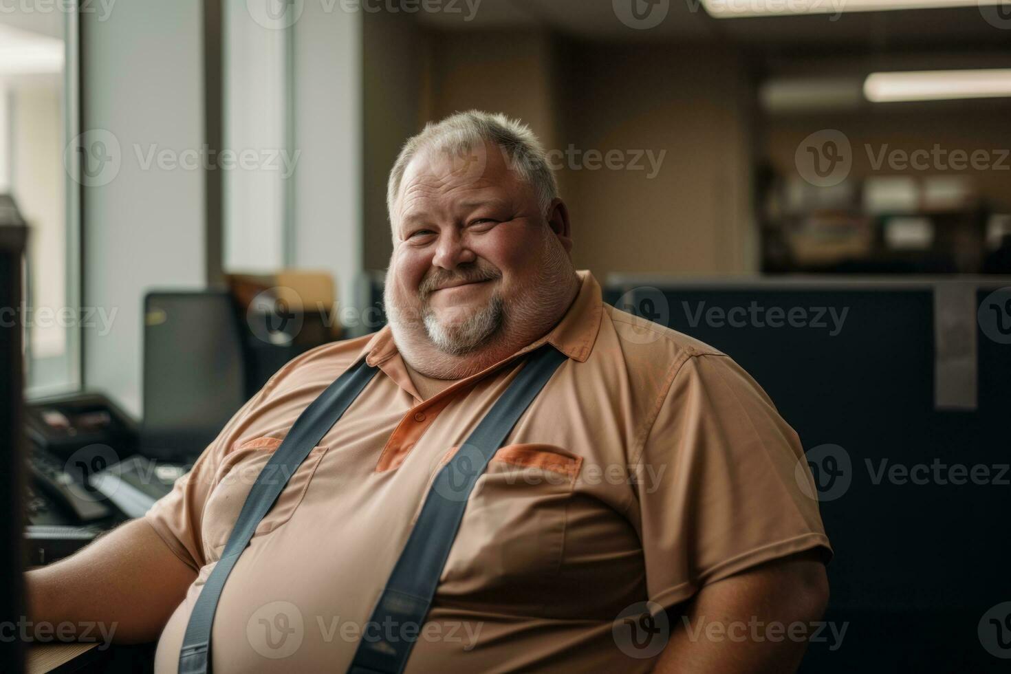 a man in an orange shirt and suspenders sitting at a desk generative ai photo