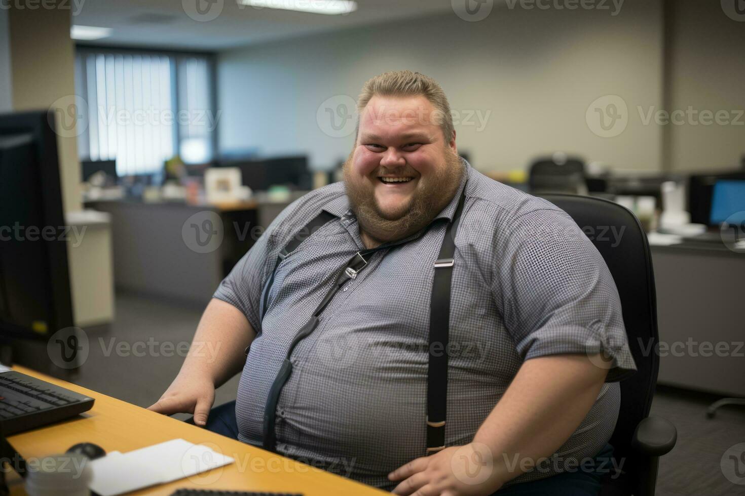 a man in suspenders sitting at a desk in front of a computer generative ai photo