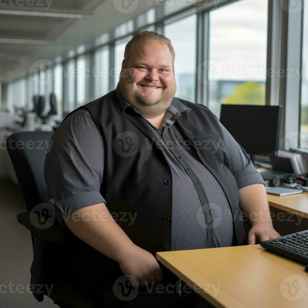a man sitting at a desk in front of a computer generative ai photo