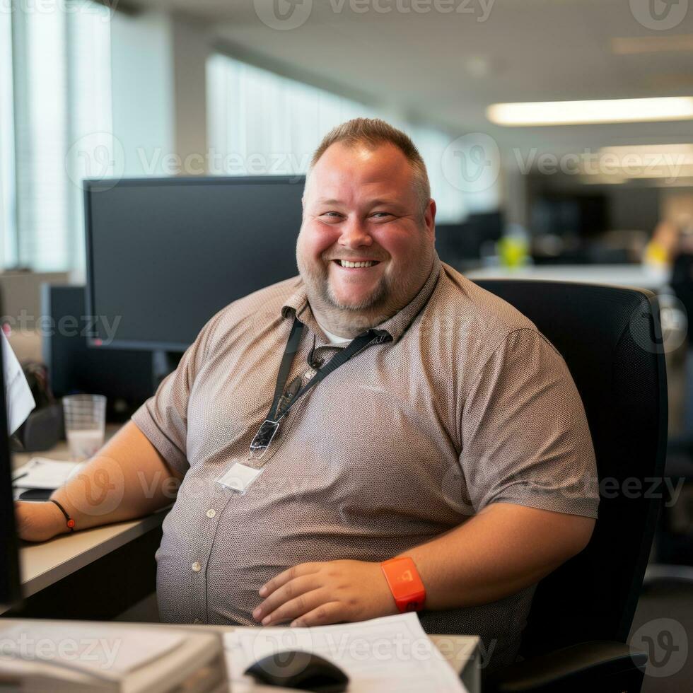a man sitting at a desk in front of a computer generative ai photo