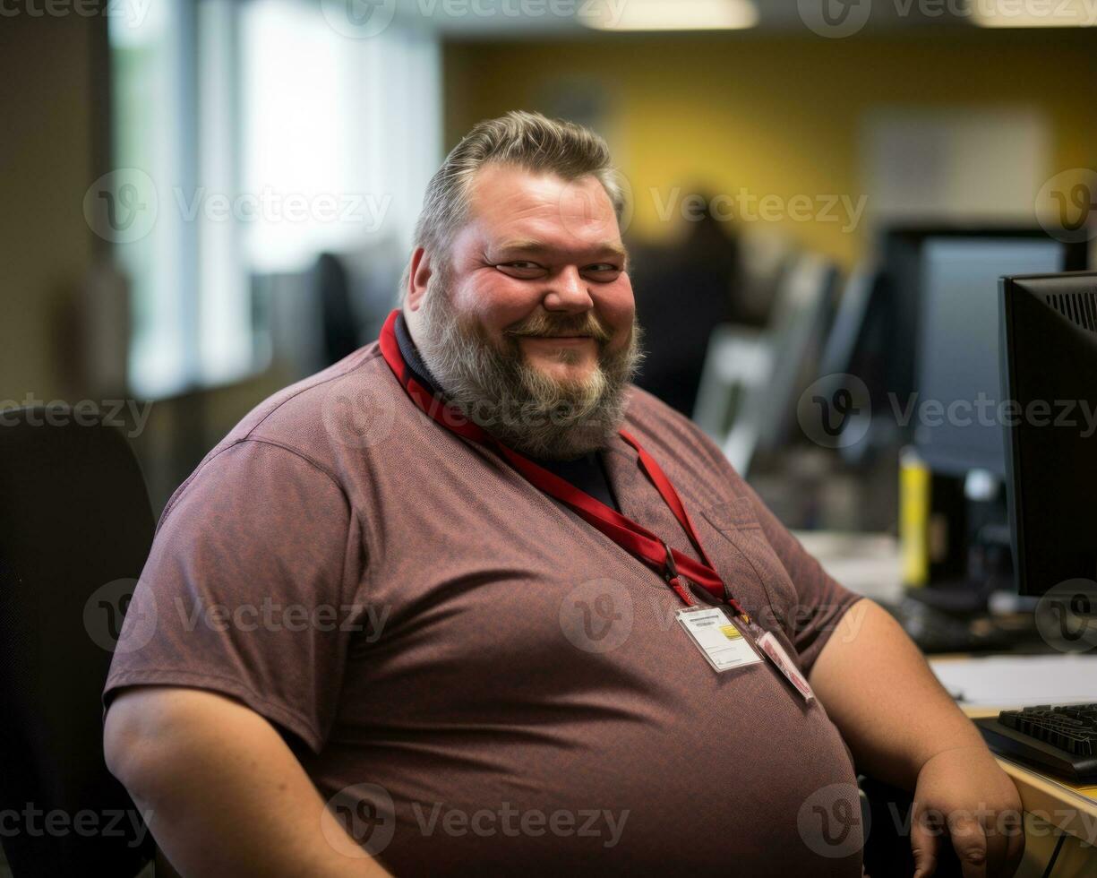 a man sitting at a desk in front of a computer generative ai photo