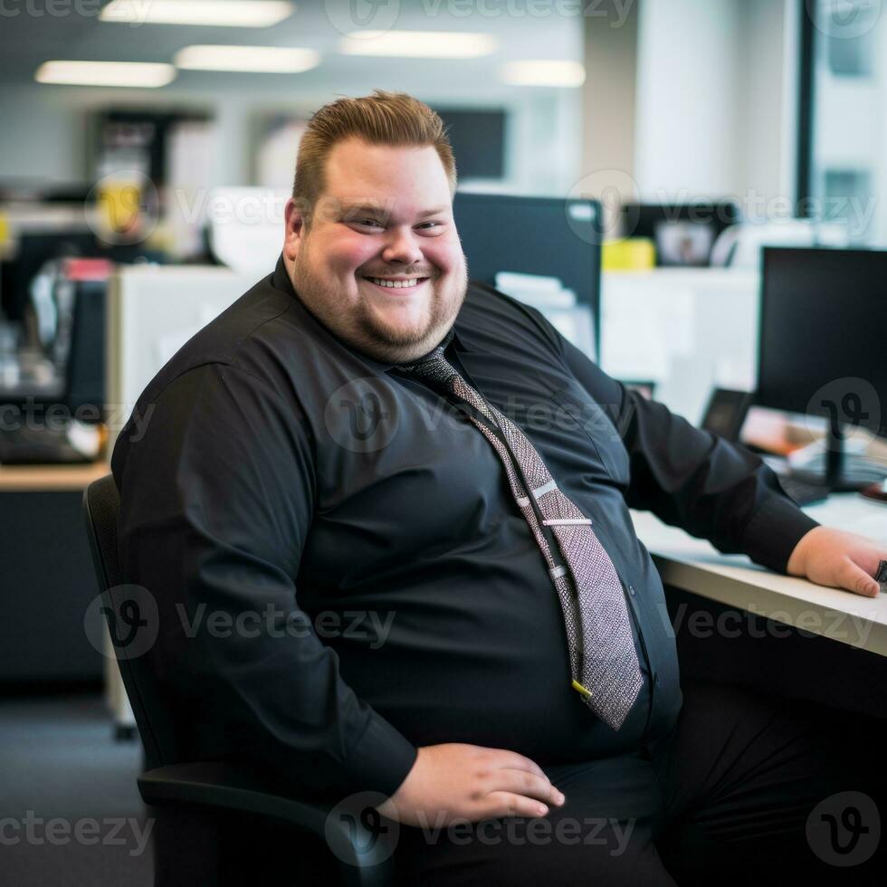 a man wearing a black shirt and tie sitting at a desk generative ai photo