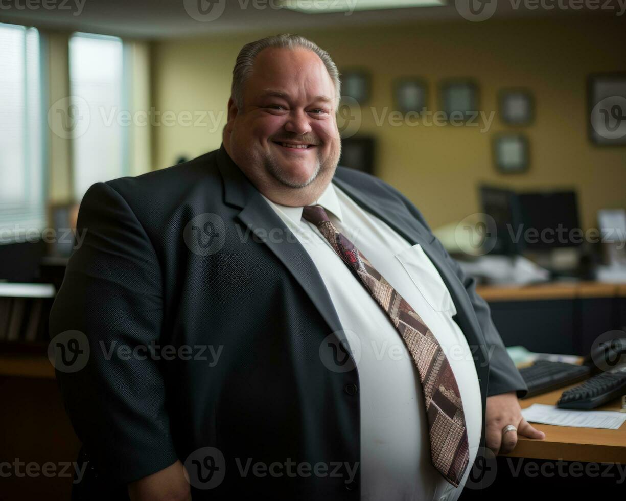 a man wearing a suit and tie standing in front of a desk generative ai photo