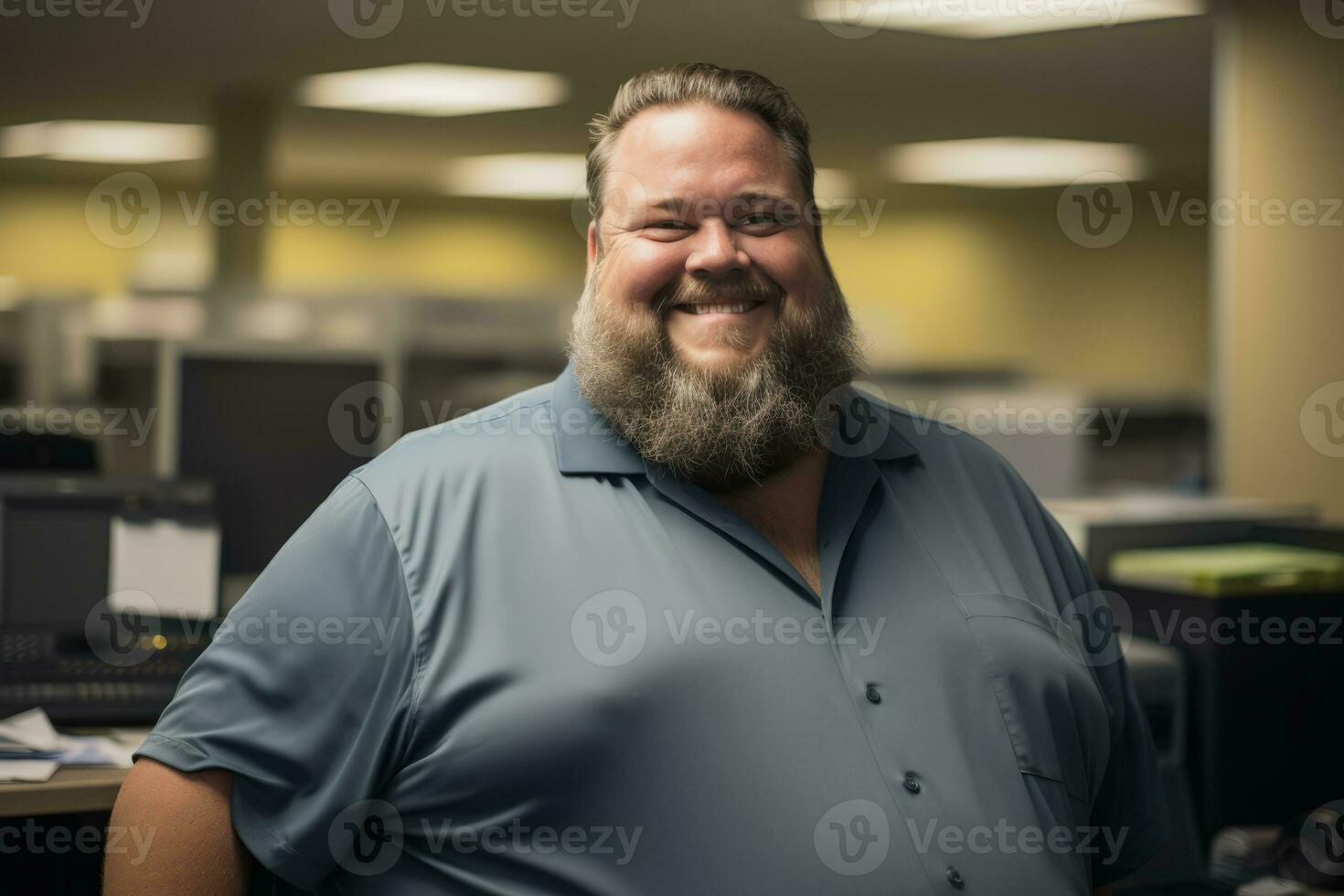 a man with a beard and a blue shirt in an office generative ai photo