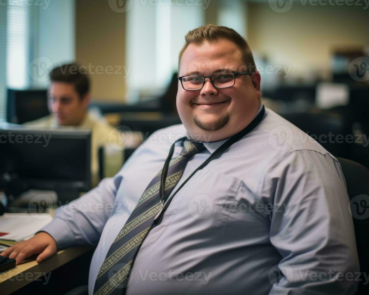 a man wearing glasses and a tie sitting at a desk generative ai photo