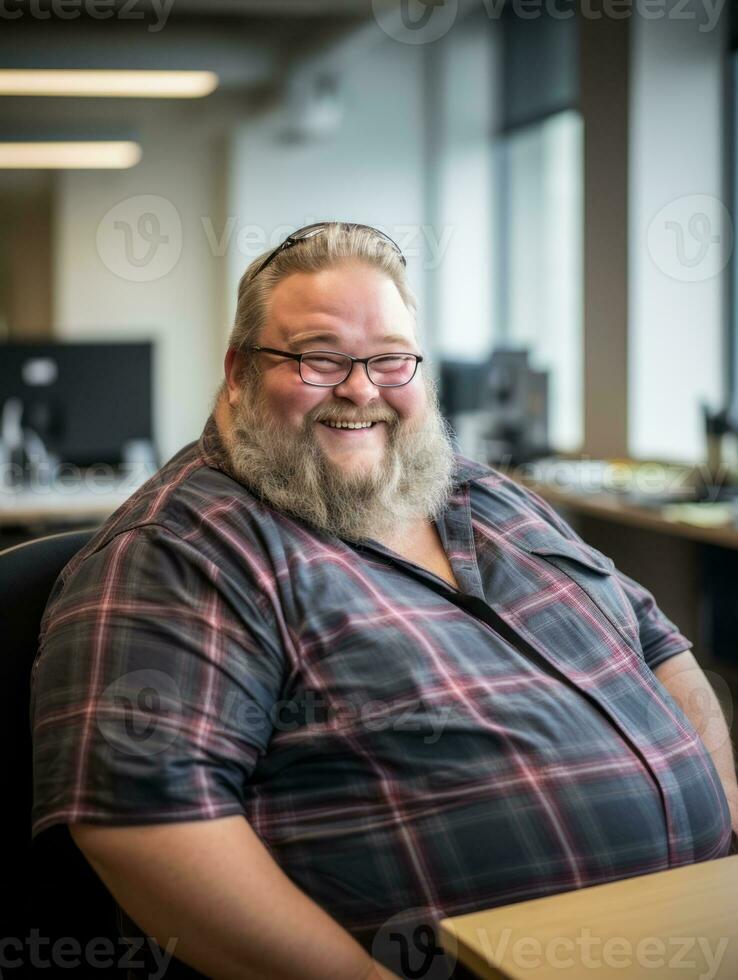 a man with a beard and glasses sitting at a desk generative ai photo