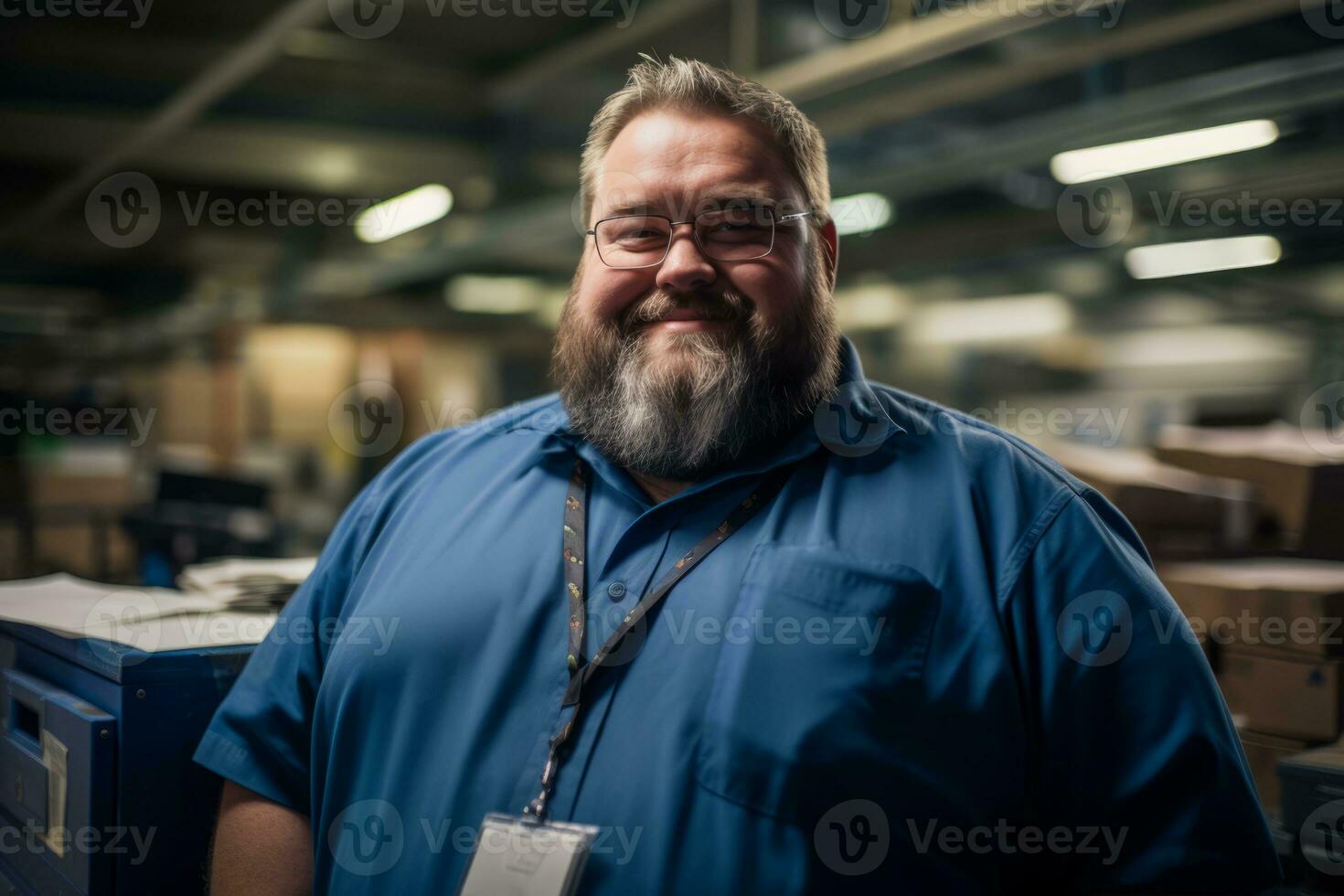 a man with a beard and glasses standing in a warehouse generative ai photo