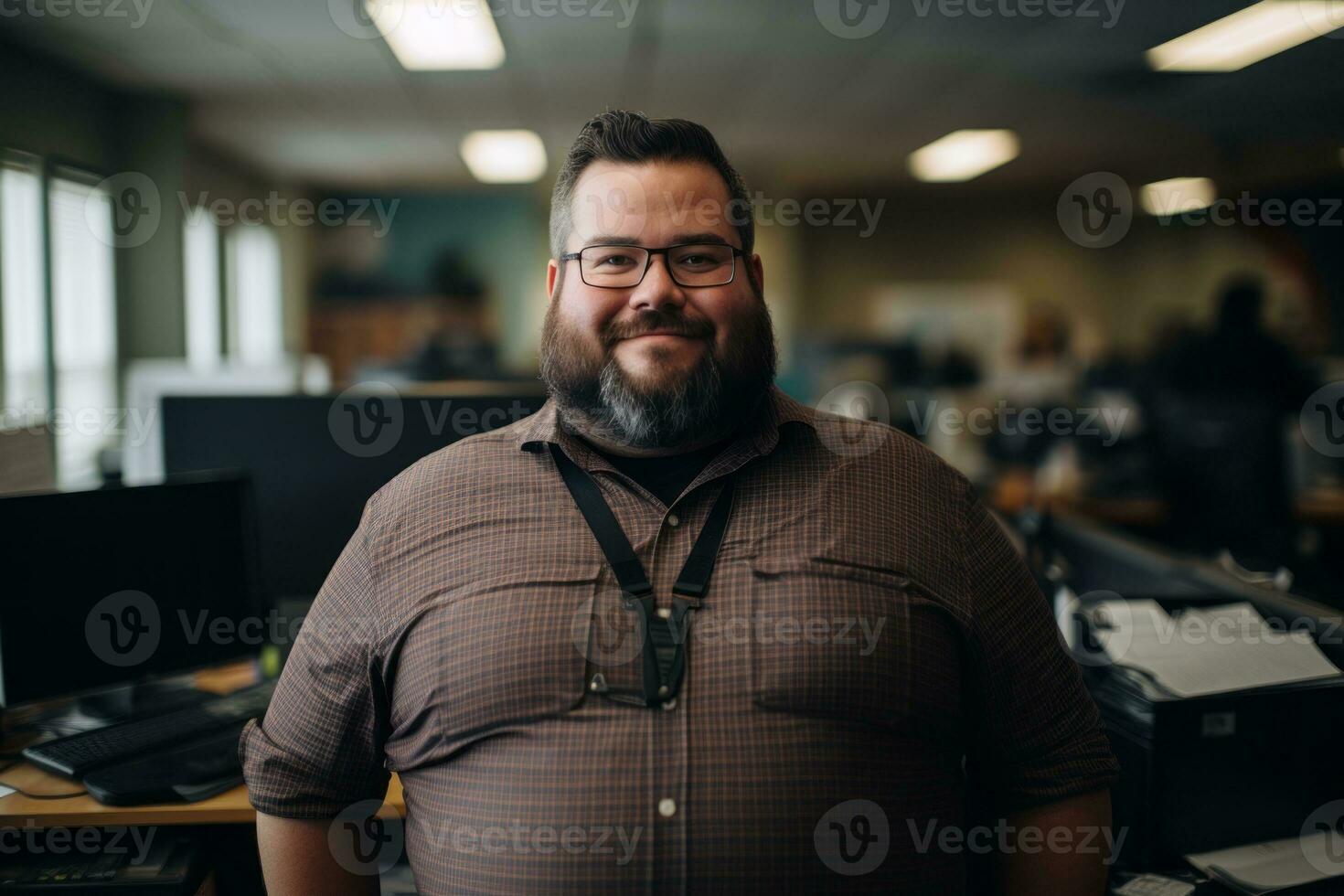 a man with a beard and glasses standing in an office generative ai photo
