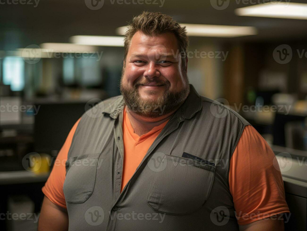 a man with a beard and orange shirt in an office generative ai photo