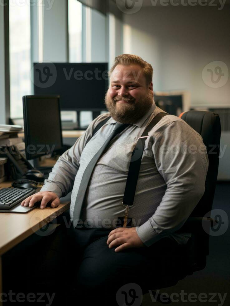 a man with a beard and suspenders sitting at a desk generative ai photo