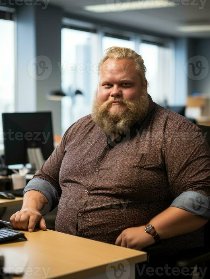a man with a beard sitting at a desk in front of a computer generative ai photo
