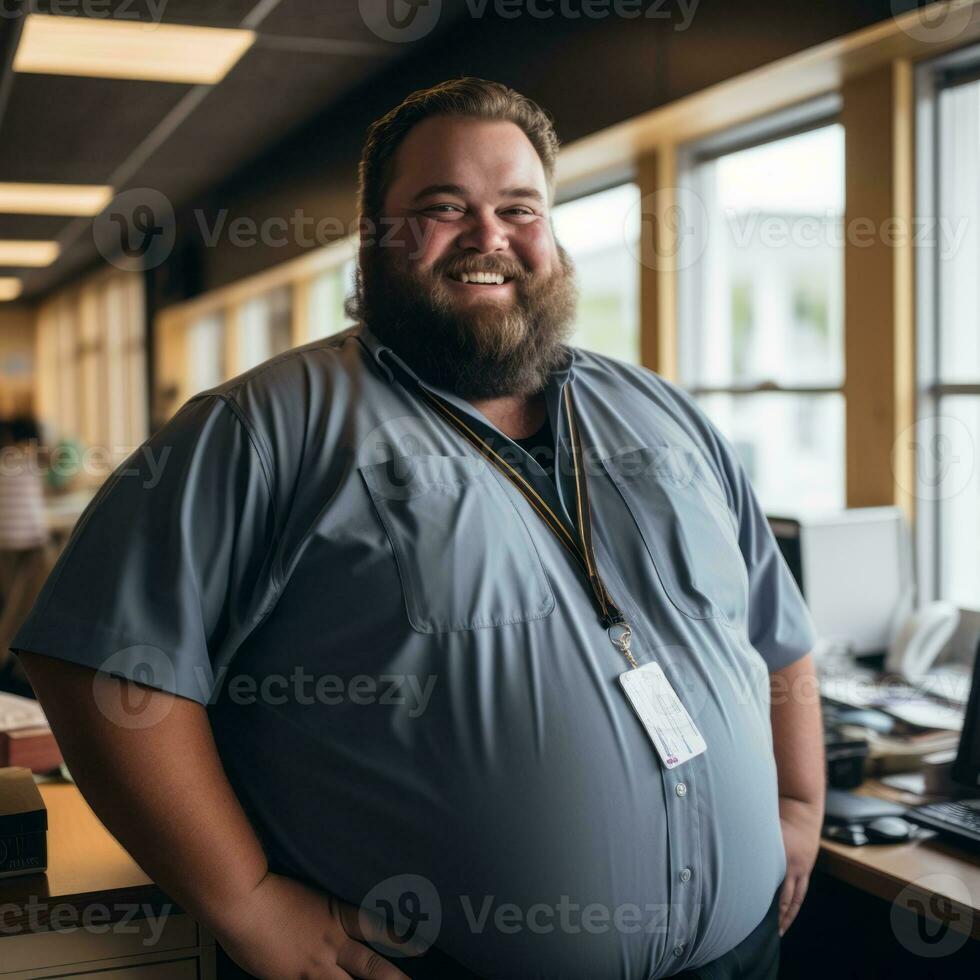 a man with a big beard standing in front of a desk generative ai photo