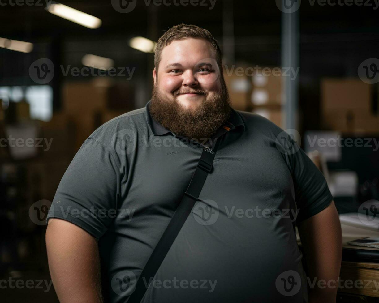 a man with a big beard standing in a warehouse generative ai photo
