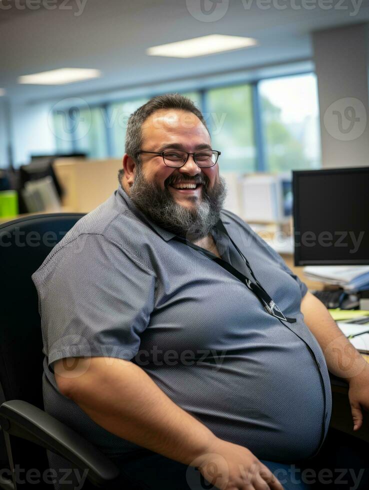a man with a big belly sitting at a desk in an office generative ai photo