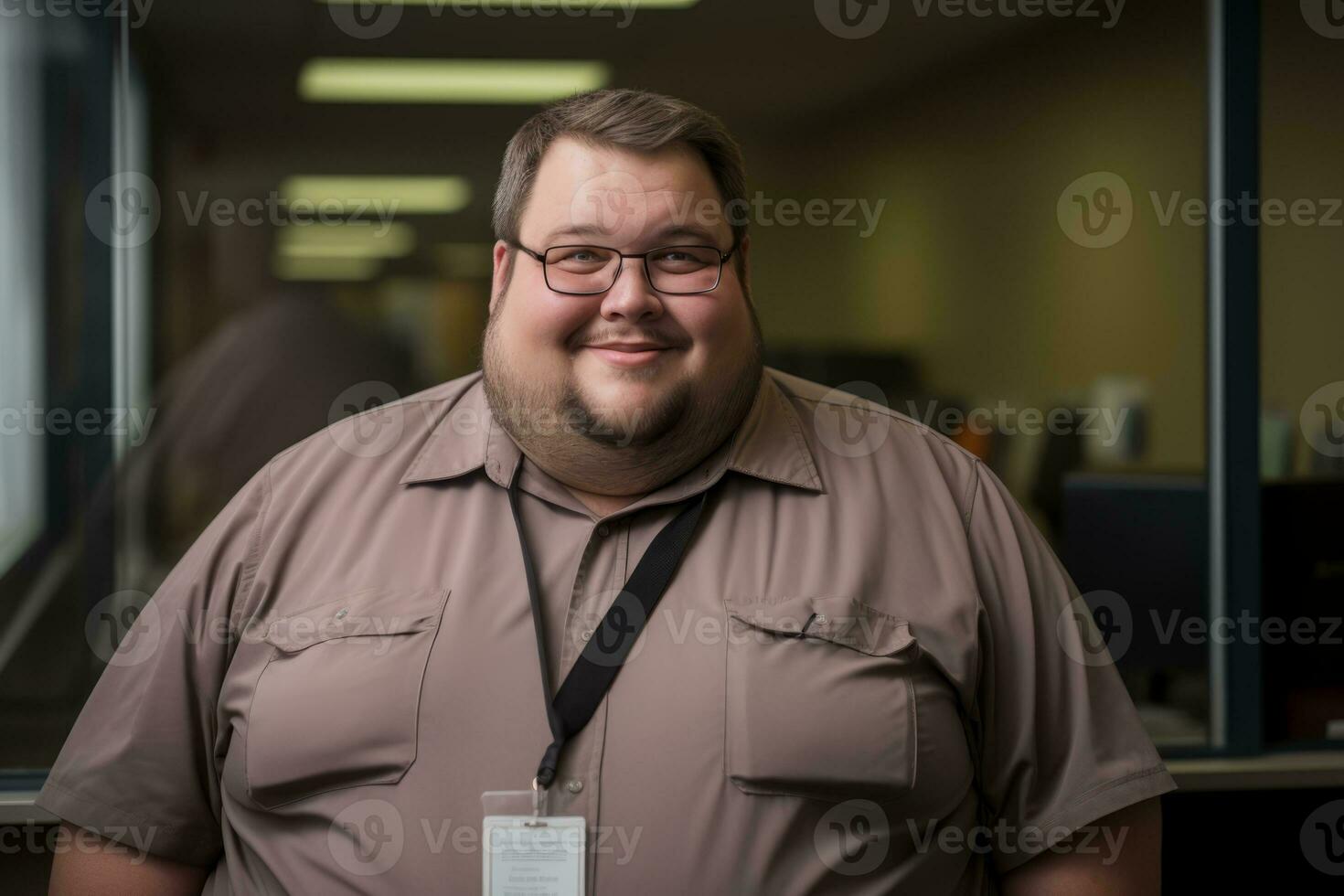 a man with glasses and a brown shirt standing in front of a window generative ai photo