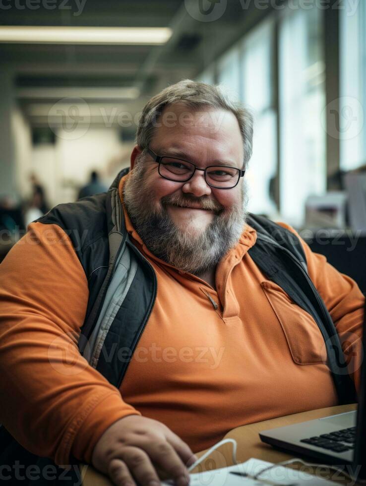 a man with glasses and an orange shirt sitting in front of a laptop generative ai photo