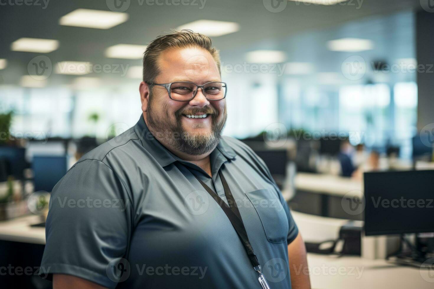 a smiling man in a blue shirt and glasses in an office generative ai photo