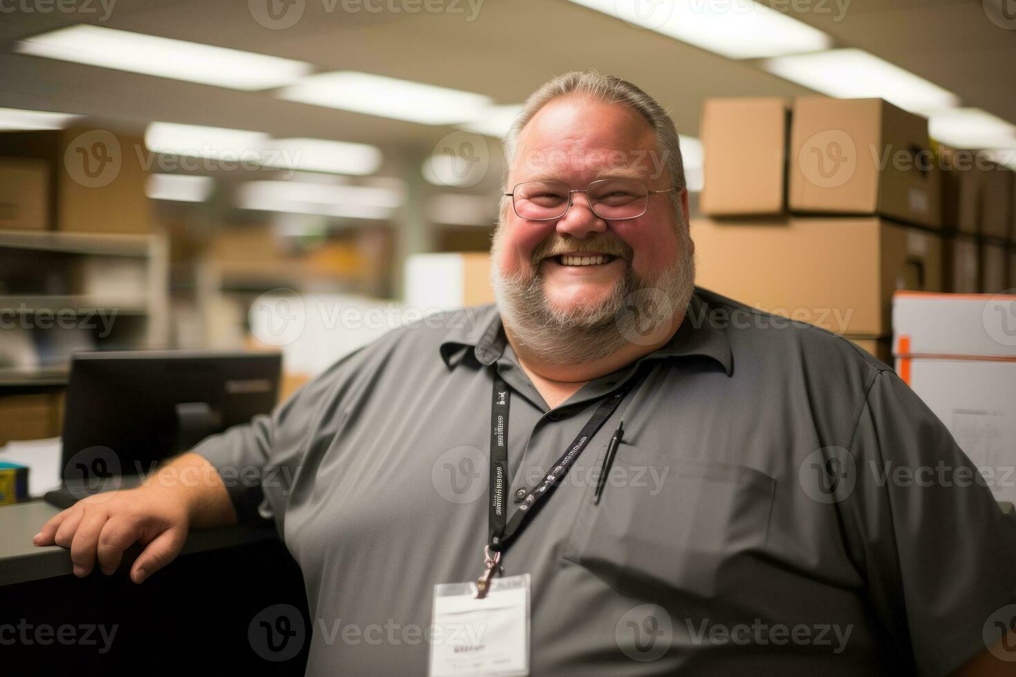 a smiling man in a gray shirt standing in a warehouse generative ai photo