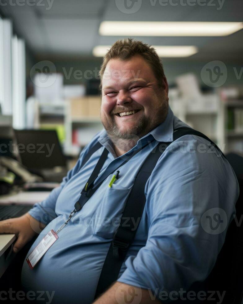 a smiling man in a blue shirt and suspenders sitting at a desk generative ai photo