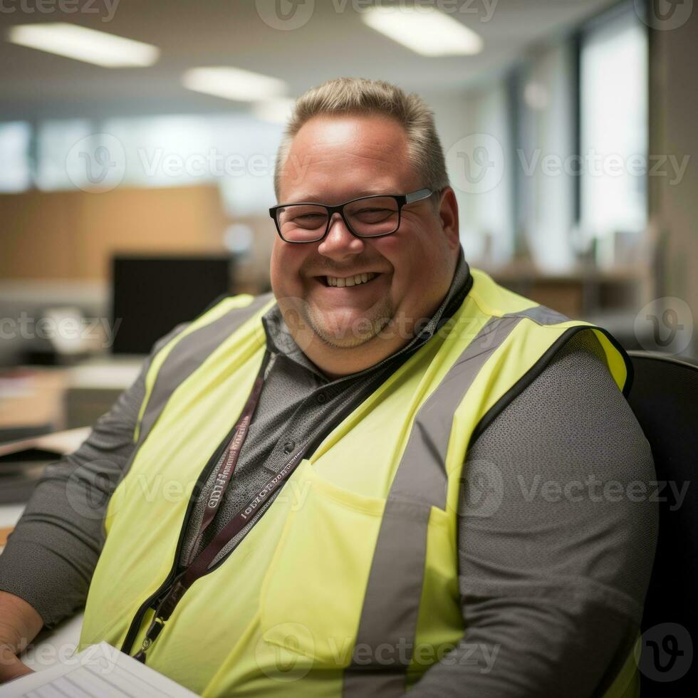 a smiling man in a safety vest sitting at a desk generative ai photo