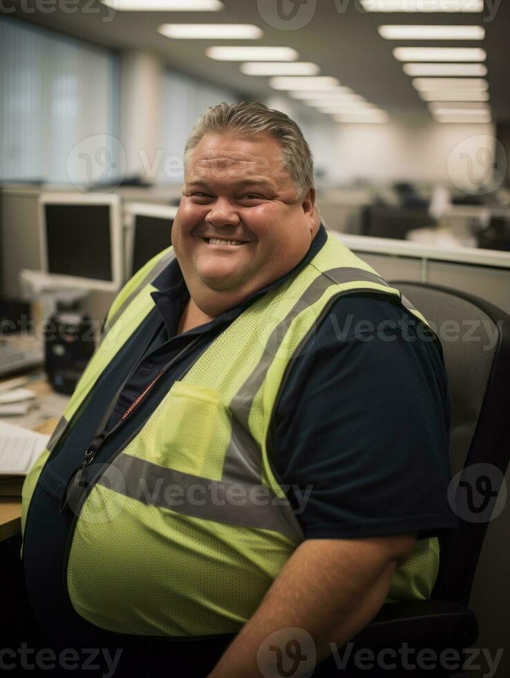 a smiling man in a safety vest in an office generative ai photo