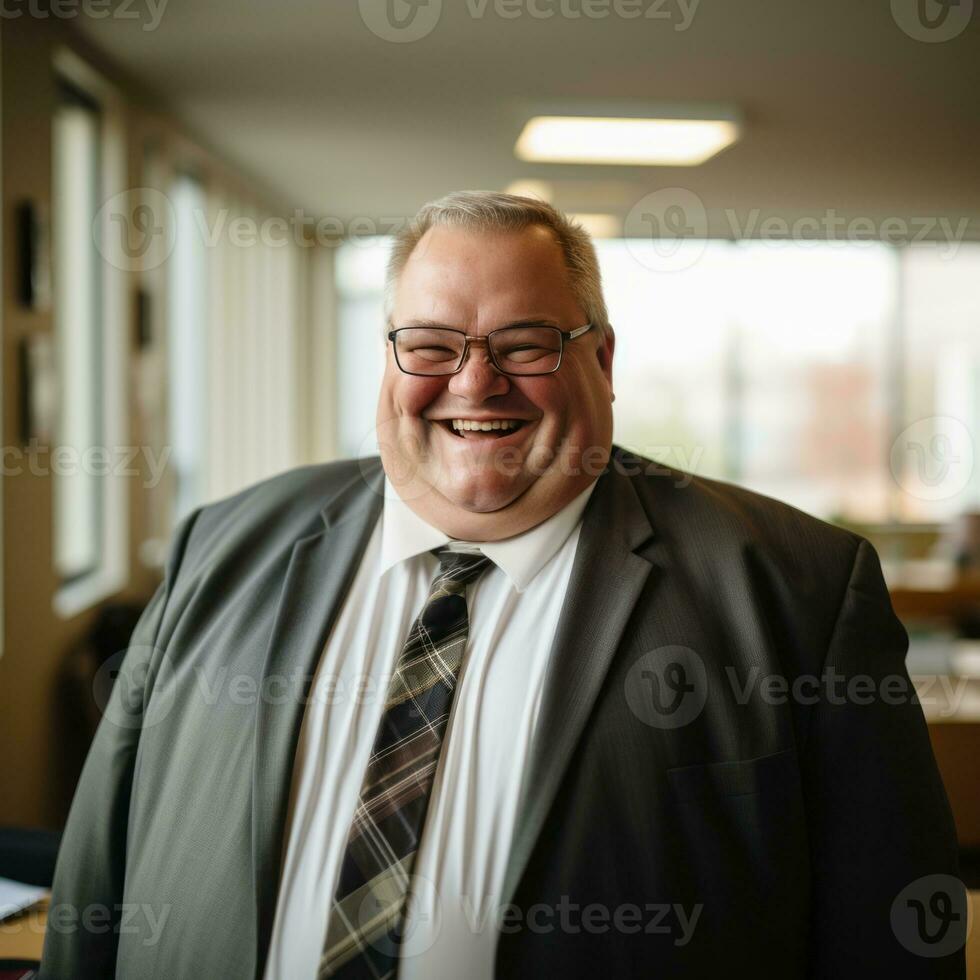 a smiling man in a suit and tie in an office generative ai photo
