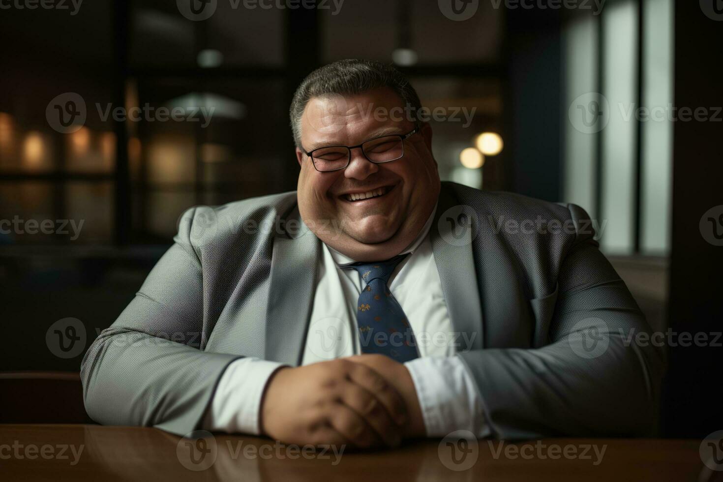 a smiling man in a suit and tie sitting at a table generative ai photo