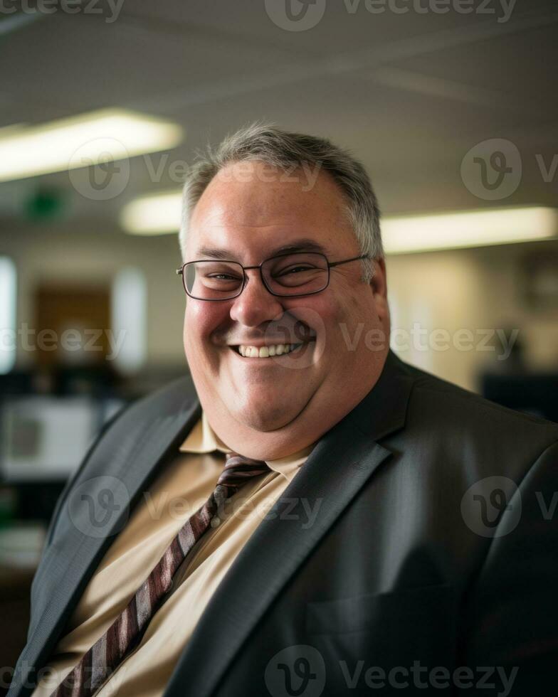 a smiling man in a suit and tie sitting in an office generative ai photo