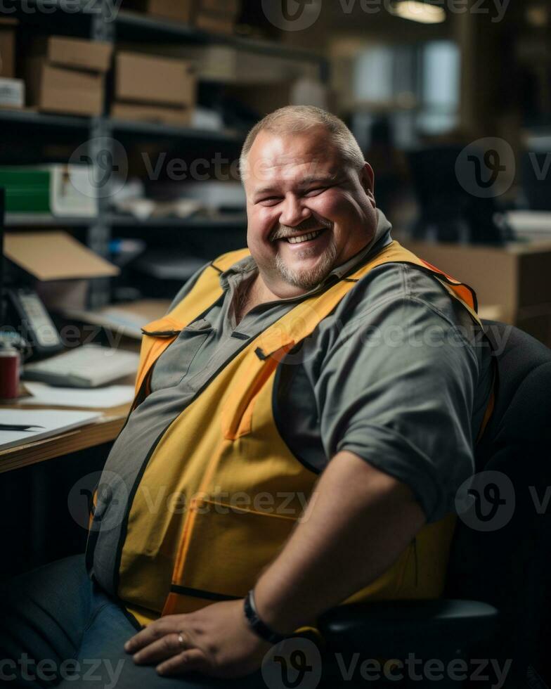 a smiling man in a yellow vest sitting at a desk generative ai photo