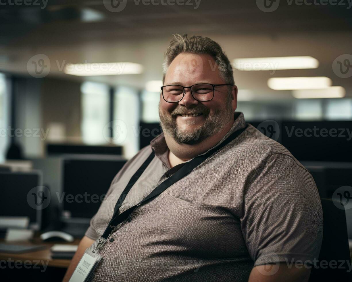 a smiling man in an office with computer screens in the background generative ai photo