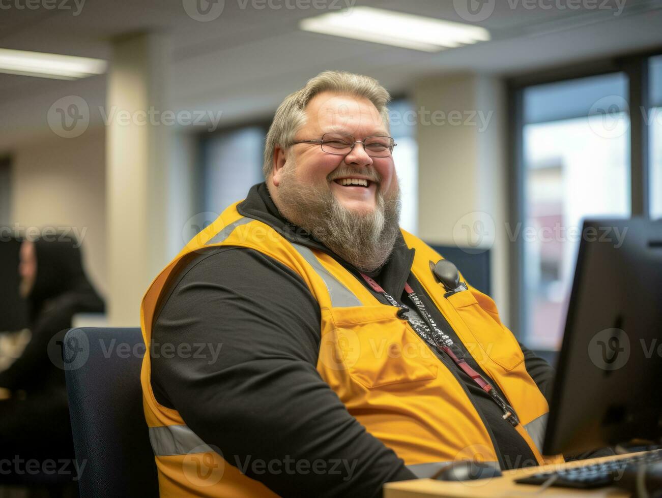 a smiling man in an orange vest sitting at a computer generative ai photo