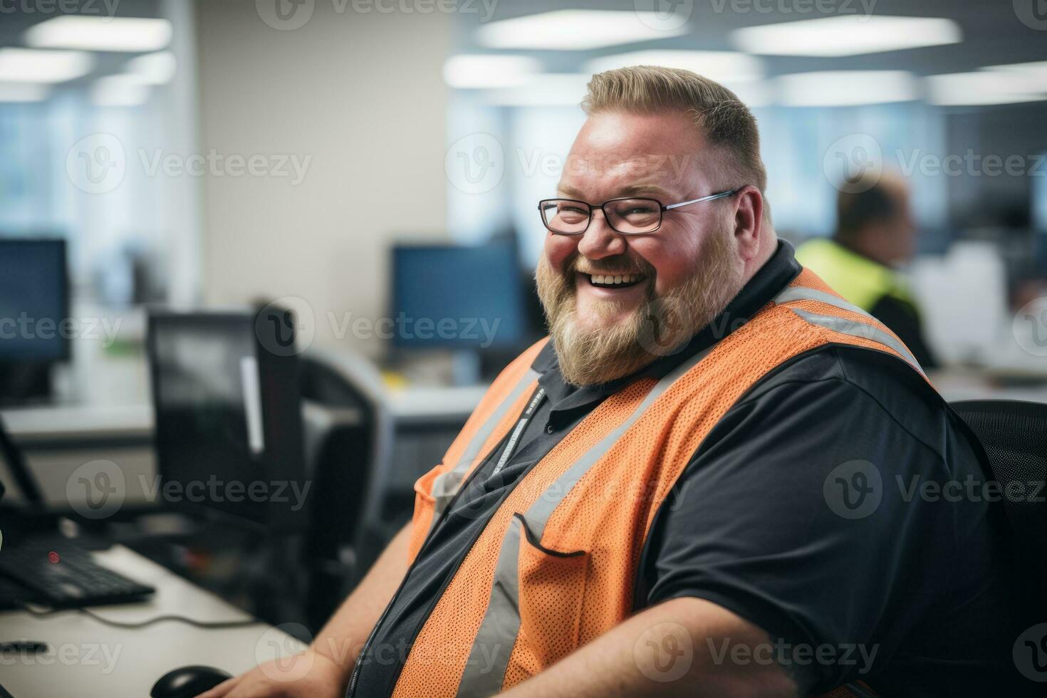 a smiling man in an orange vest sitting at a desk generative ai photo