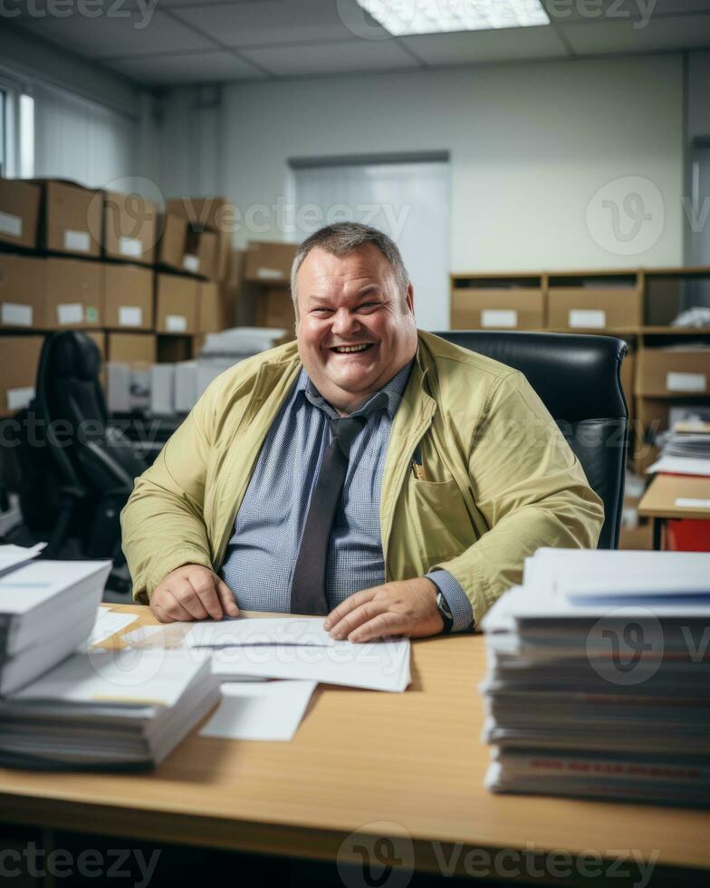 a smiling man sitting at a desk in an office generative ai photo