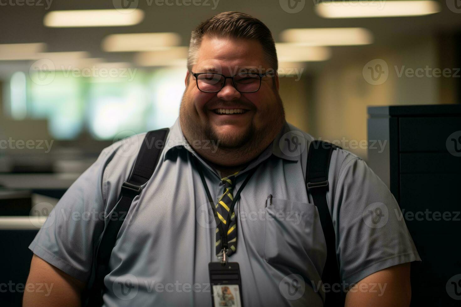 a smiling man wearing glasses and a tie in an office generative ai photo